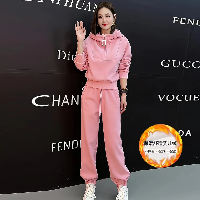 两件套秋冬套装女装网红加绒长袖卫衣宽松高级感时尚休闲运动套装
