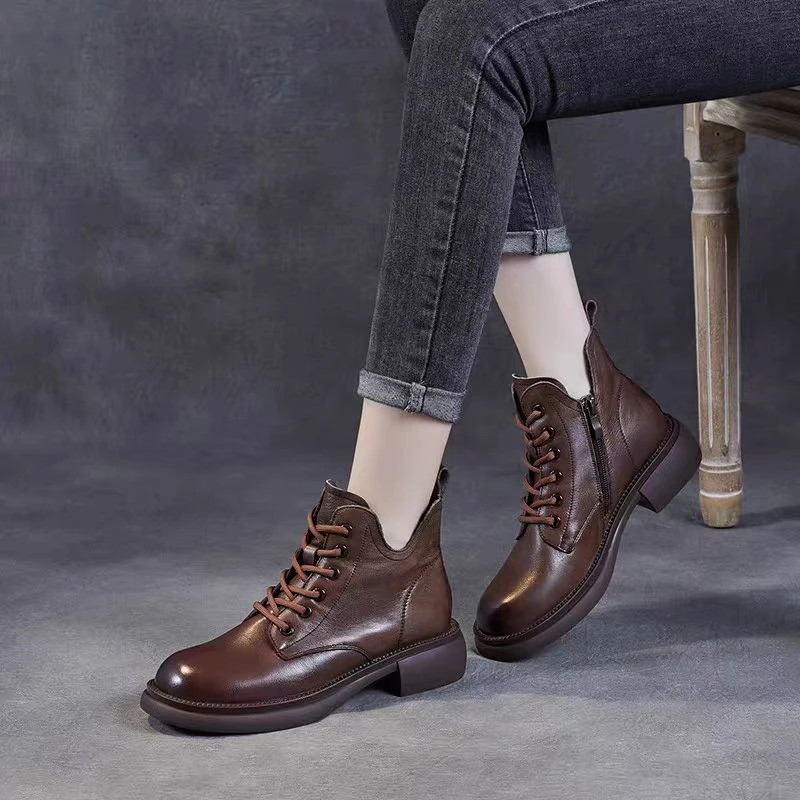 马丁靴时尚休闲百搭真皮粗跟厚底英伦风秋冬软底复古加绒平底冬季