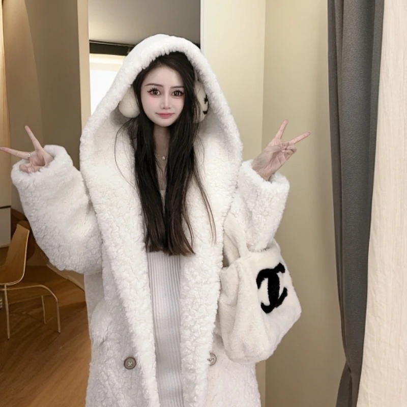 2024冬季新款加厚芭莎毛连帽外套宽松时尚百搭慵懒风长款大衣女