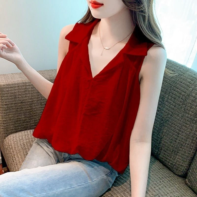 法式polo领雪纺衬衫女夏2024新款仙女无袖背心宽松花苞娃娃衫上衣