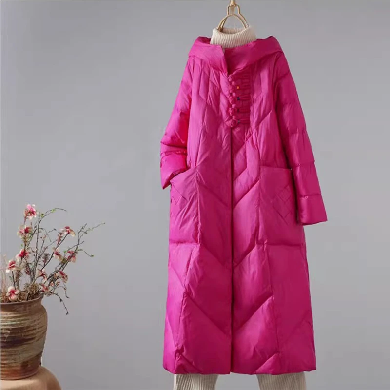 冬季复古国风盘扣连帽彩扣中长款羽绒服女锁温过膝轻薄白鸭绒外套