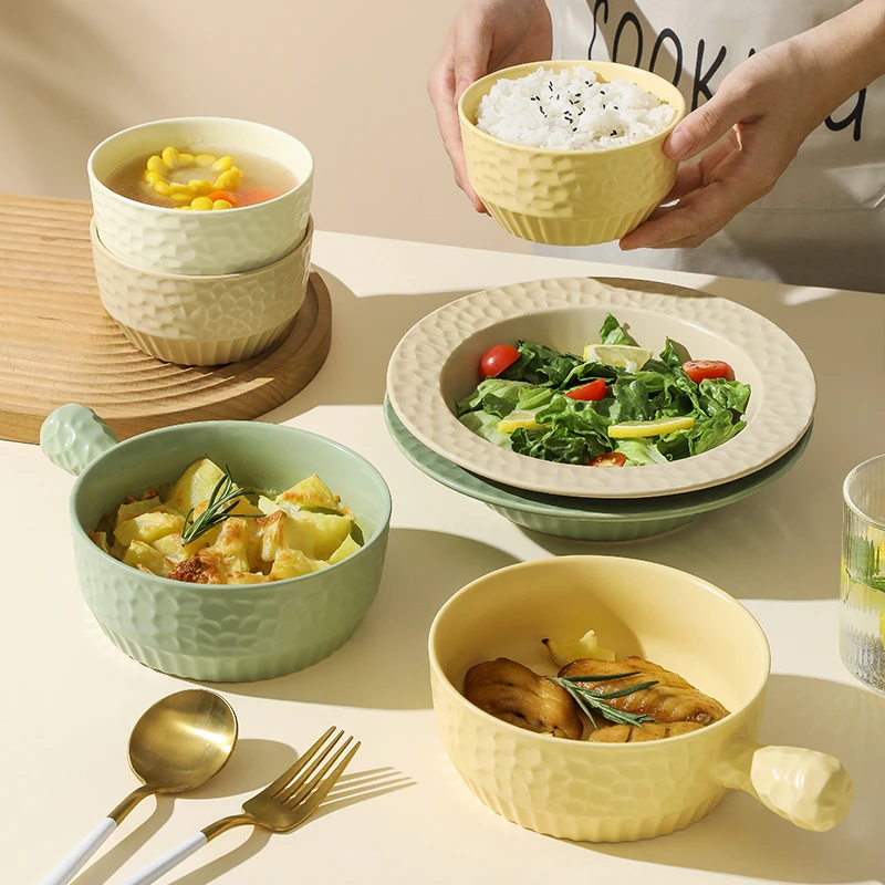 简约陶瓷碗盘餐具套装家用饭碗陶瓷碗手柄烤盘碗碟微波炉耐高温碗