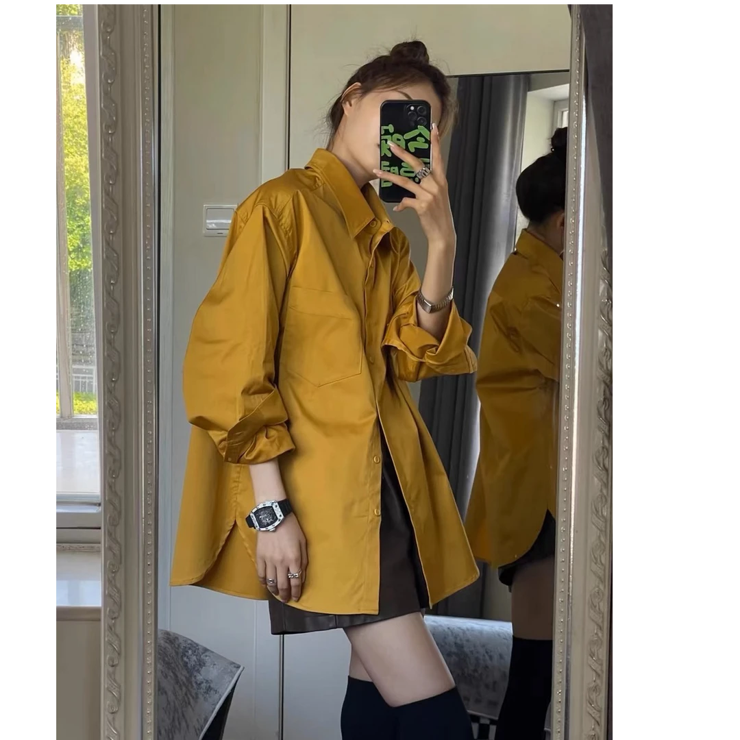 【清冷调】复古早春款衬衫韩版设计感网红衬衣长袖黄色休闲中长款