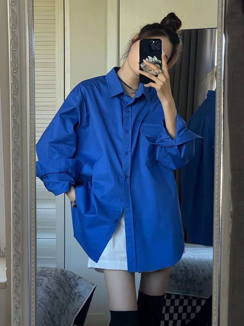 【 韩系穿搭】高品质设计感棉质蓝色衬衫复古港风长袖克莱因蓝衬衣