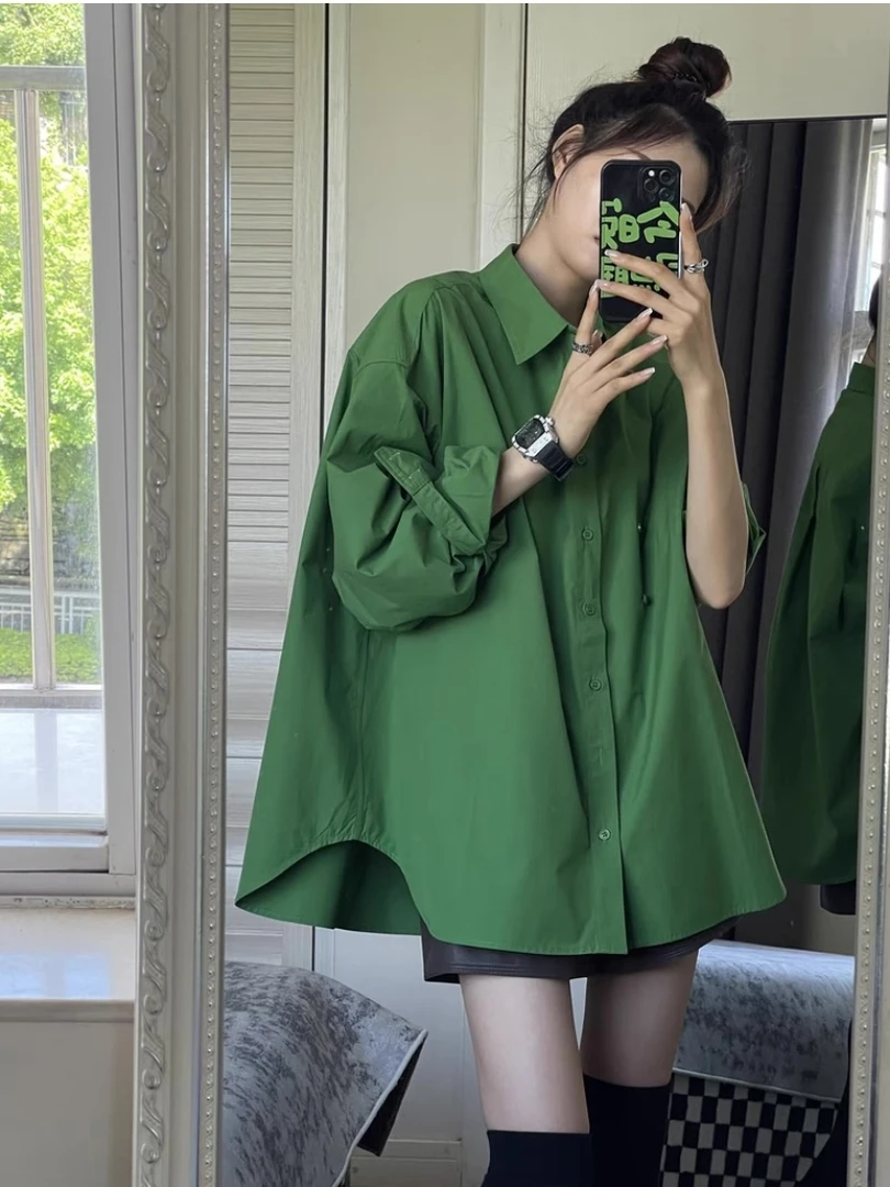 【新品上市】绿色衬衫韩系时尚穿搭阔版宽松衬衣春秋款叠穿打底上衣
