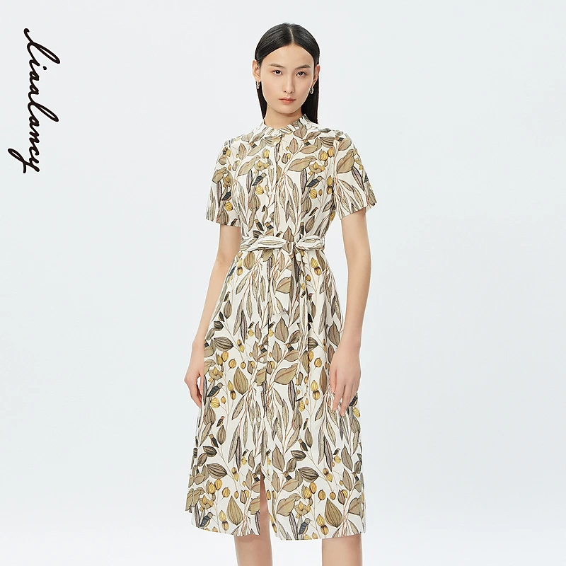 悦朗姿女装植物印花显瘦时尚短袖立领连衣裙女TL1K201WOP095