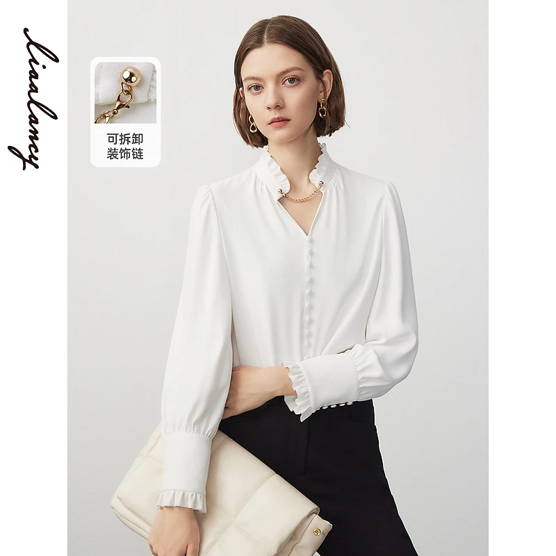 沈阳朗姿法式荷叶领高级感长袖衬衫冬季内搭上衣设计感衬衣气质