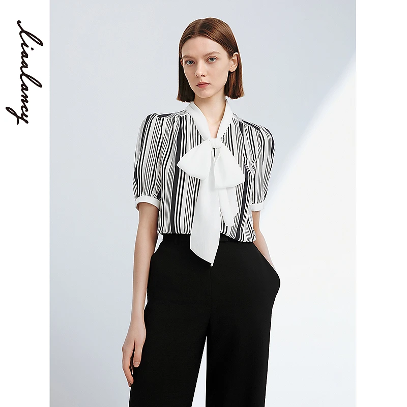 朗姿法式飘带领气质高级感条纹通勤衬衣女2024年夏新款连衣裙