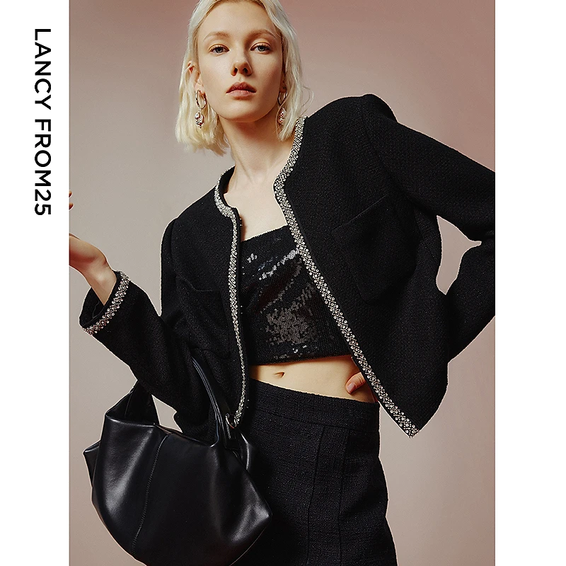 成都朗姿复古黑色气质洋气外套女2024年春季通勤高级感新款短外套