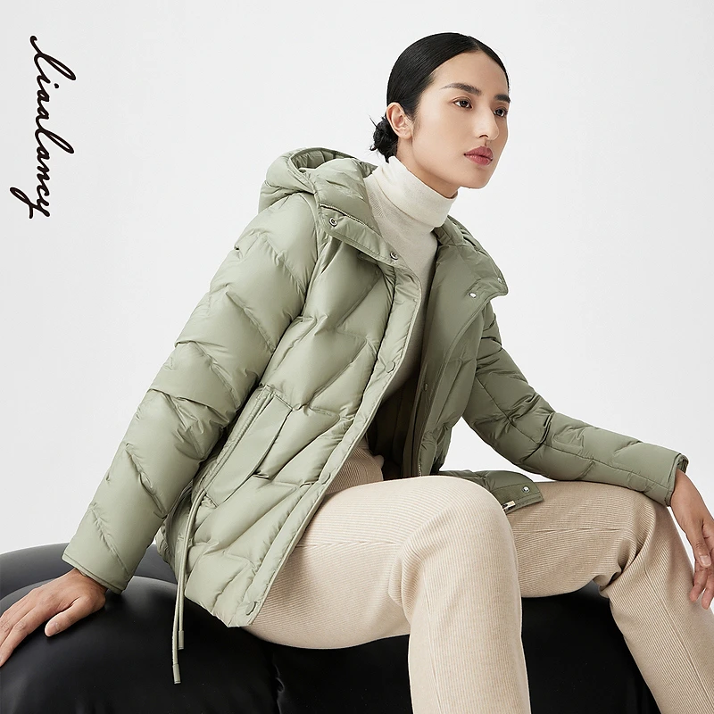 LANCY/朗姿2023冬季鹅绒服连帽短款羽绒服宽松设计感女装外套