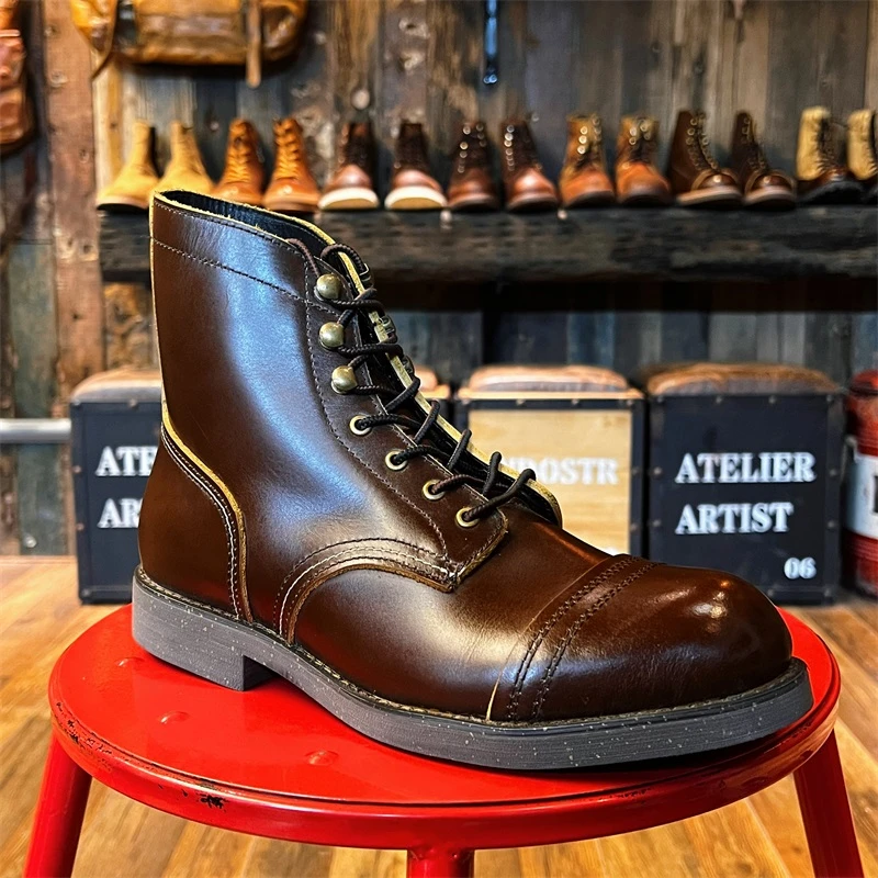 8111高帮圆头工装鞋复古男百搭真皮厚底马丁机车短靴女韩版ins潮