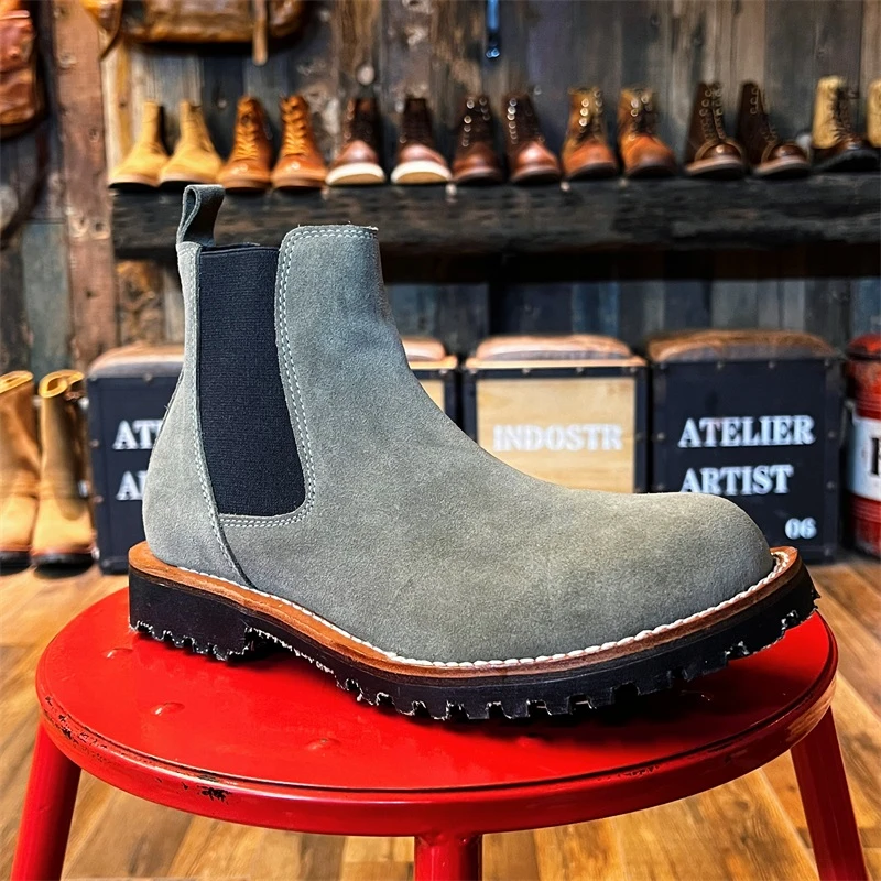 9106牛反绒皮马丁靴男美式复古厚底真皮圆头切尔西靴工装鞋潮流