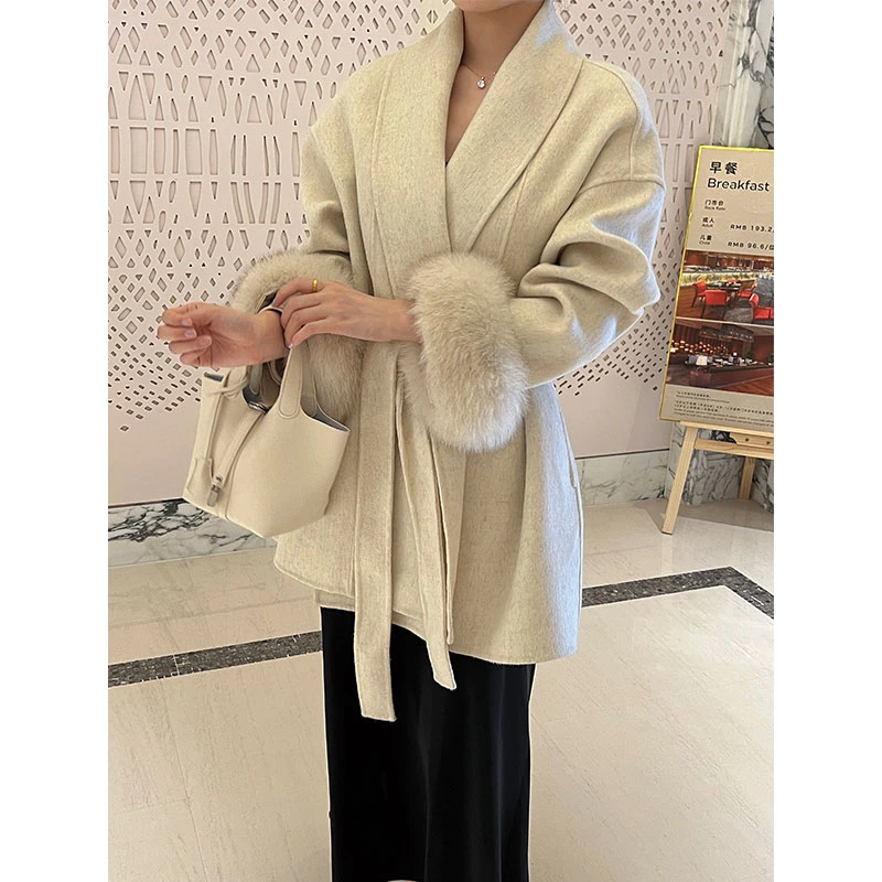 狐狸毛袖可拆卸秋冬双面羊毛大衣女中长款小个子系带大气毛呢外套