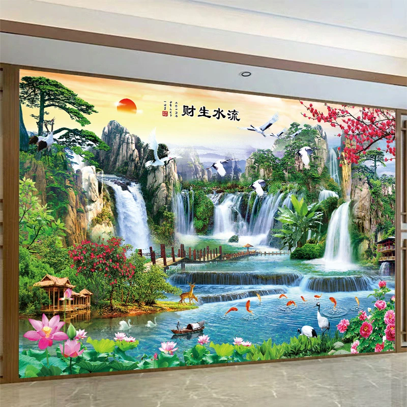 山水画墙贴自粘流水生财风景画卧室客厅墙贴背景墙装饰画贴纸
