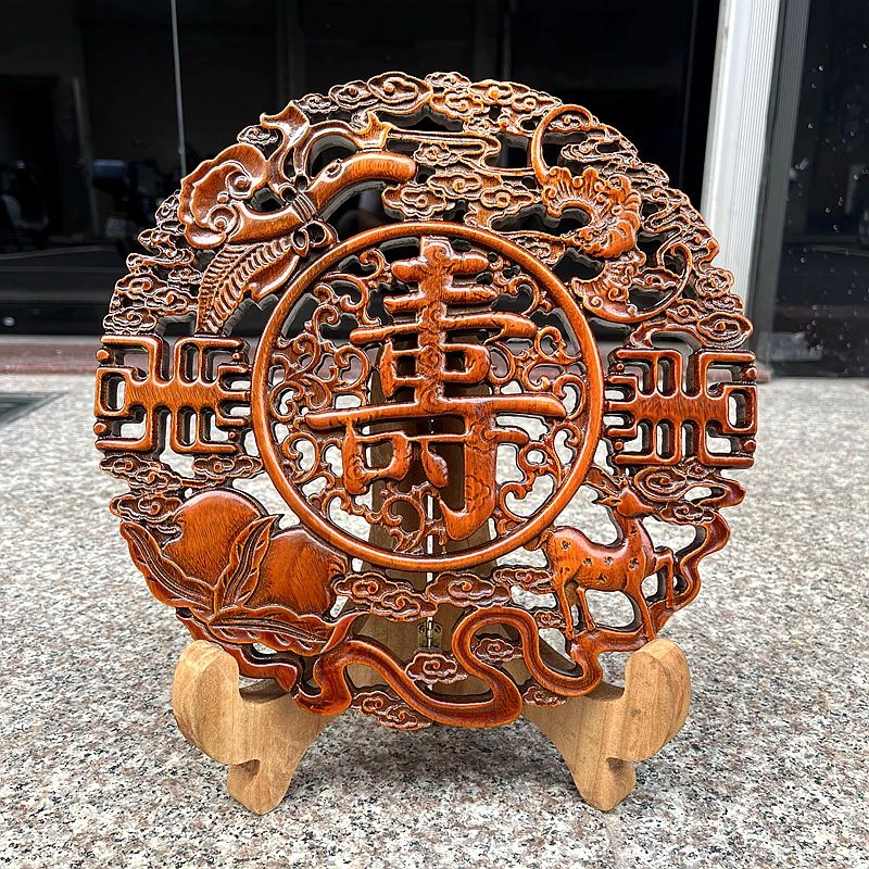 东阳木雕实木香樟木家具桌面福禄寿禧木质寿字新中式挂件摆件