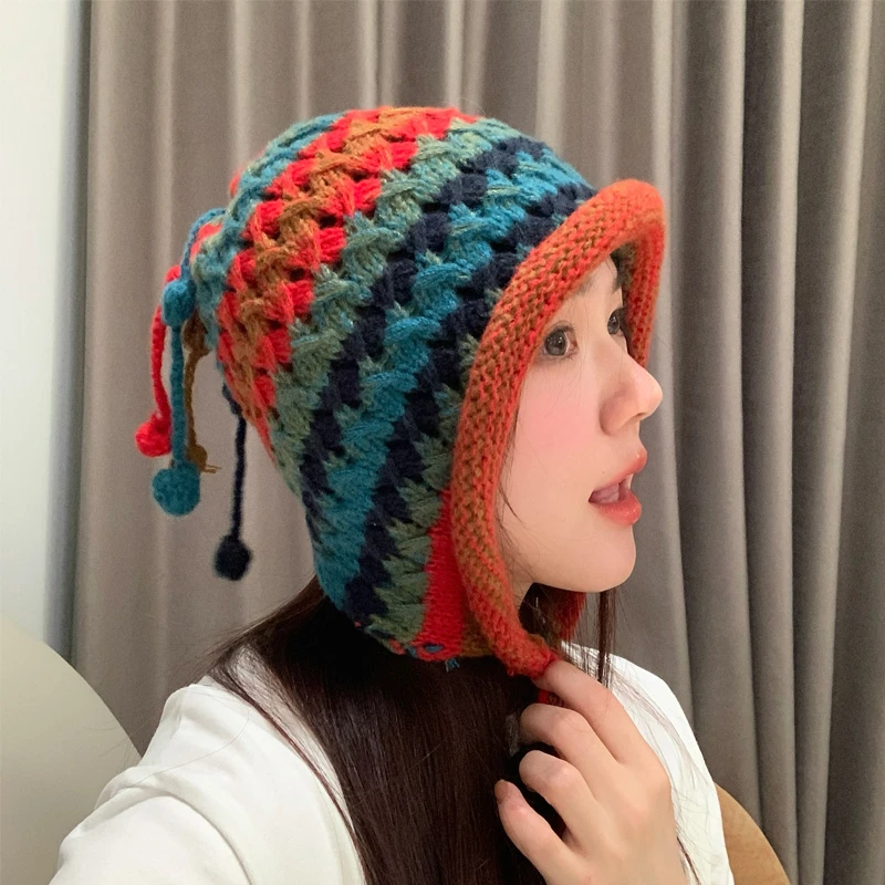 韩版俏皮可爱流苏针织帽子女款2024秋冬新款彩色护耳毛线帽彩虹帽