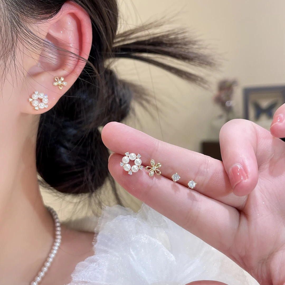 铜合金耳饰 W709花朵珠珠耳钉六件套时尚百搭设计感温柔简约小众