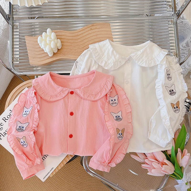 儿童春秋新款纯棉刺绣女童衬衣衬衫长袖宝宝娃娃领欧若风童装