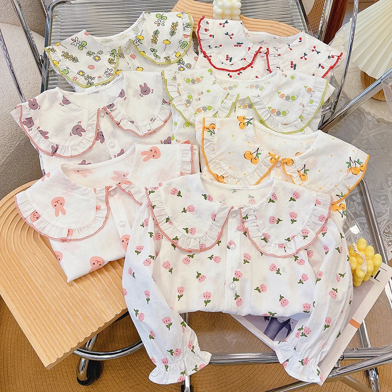 儿童春秋新款纯棉衬衫衬衣女童娃娃领娃娃衫宝宝小清新欧若风童装