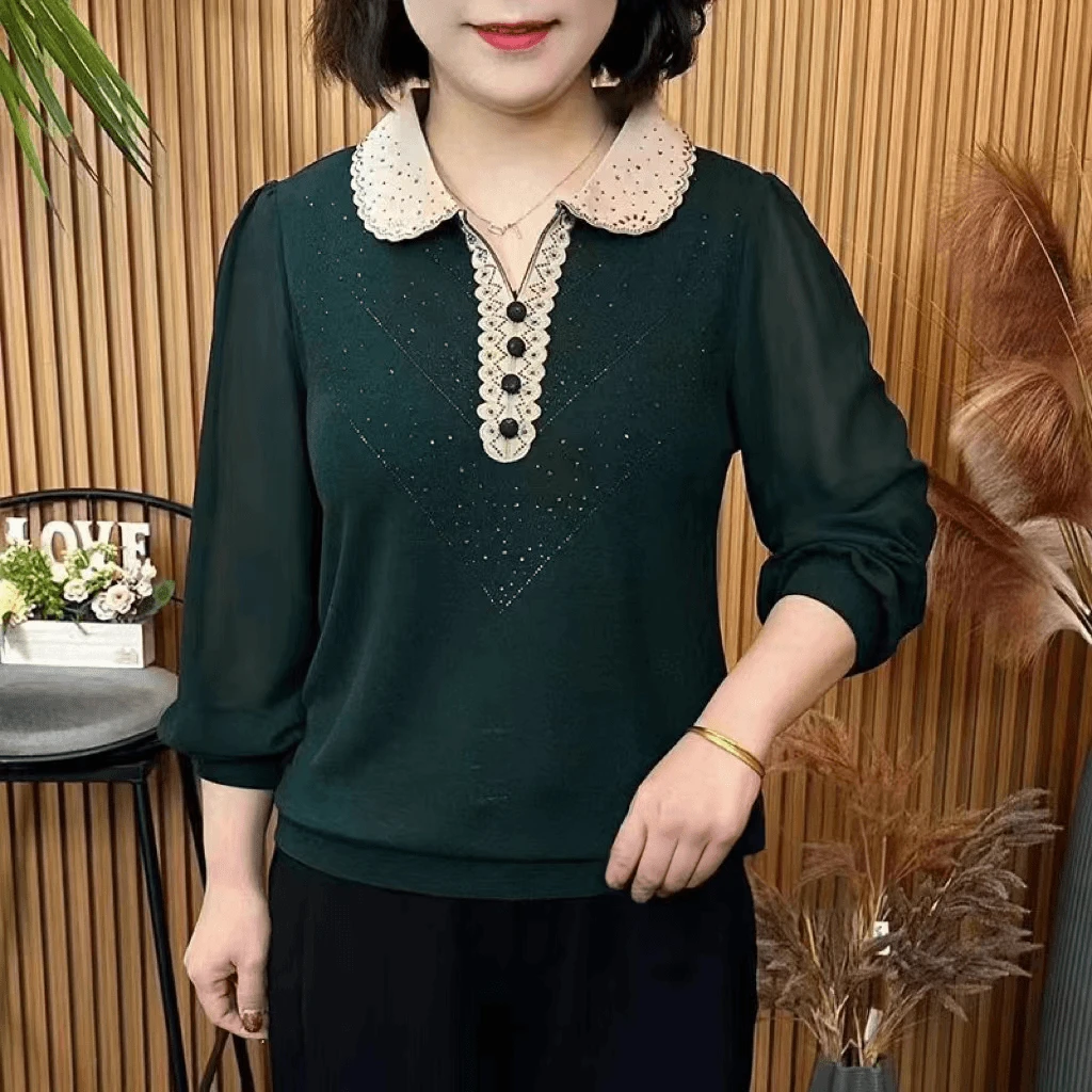 网红喜庆洋气百搭时尚显瘦气质妈妈装大码长袖春夏季翻领烫钻衫