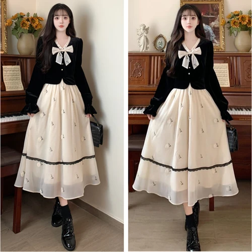 大码秋冬蝴蝶结拼接假两件丝绒连衣裙女胖mm收腰显瘦遮肚网纱长裙