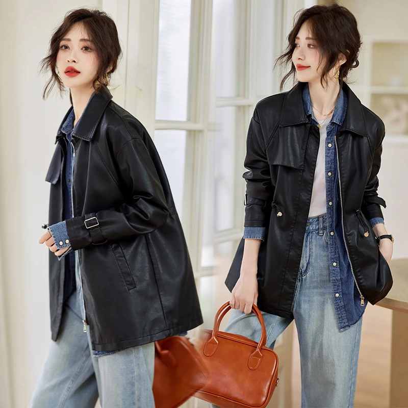 中长款皮衣外套女风衣2024春秋款收腰抽绳美拉德pu皮夹克气质大衣