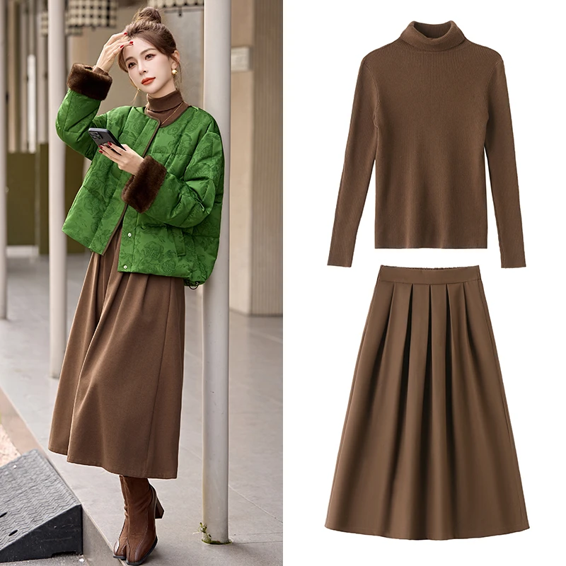 2024秋冬内搭打底高领毛衣过膝半身裙高级感一整套穿塔时尚套装女