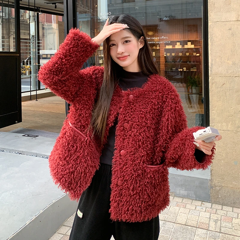 安可拉红皮毛一体外套女2024冬季新款颗粒绒时尚保暖上衣棉服外套