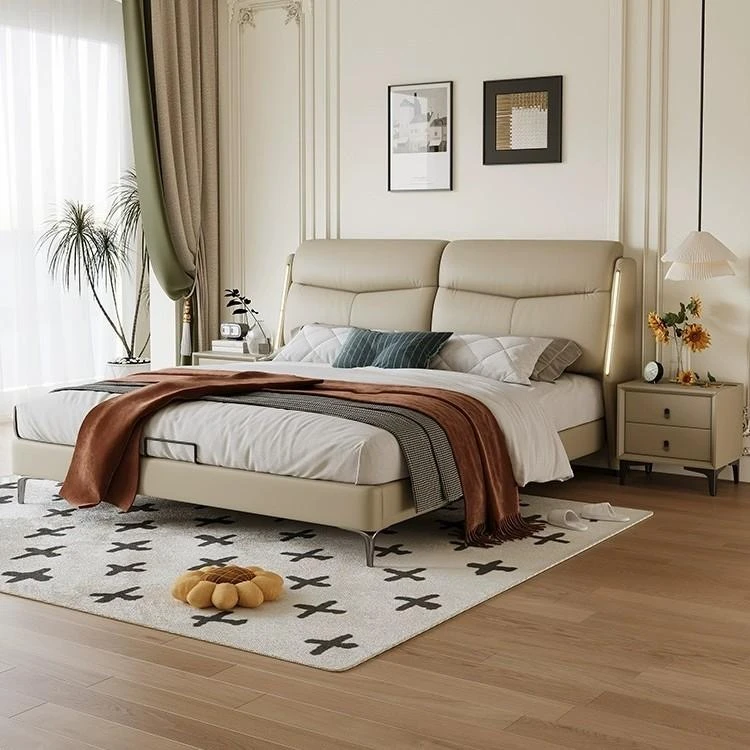 轻奢婚床双人床主卧实木框架厂家软包简约家用微笑款