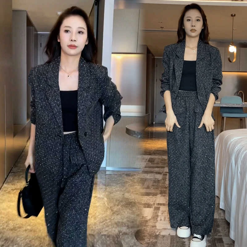 设计感时尚西装套装女2024秋季气质宽松显瘦烫钻西服阔腿裤两件套
