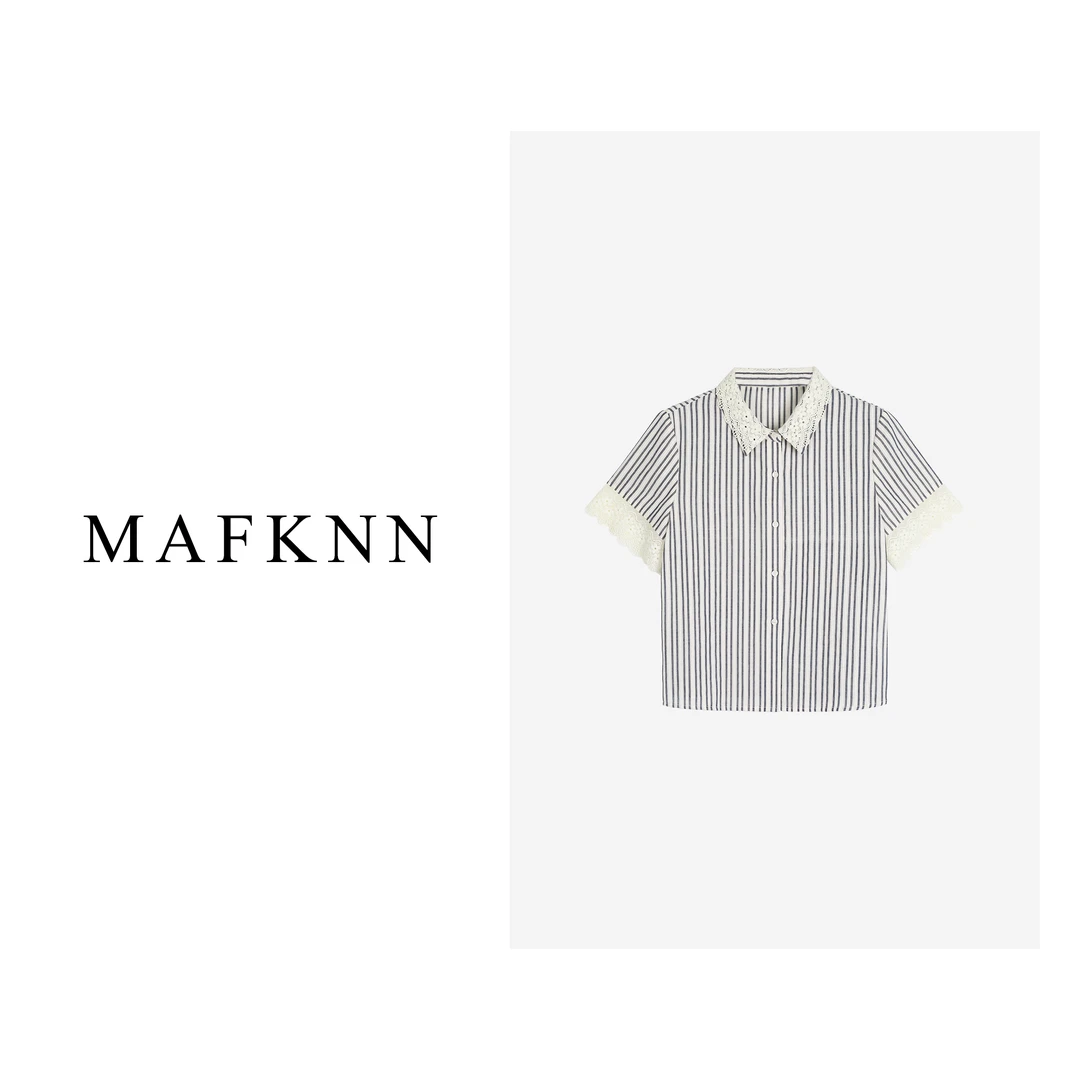 MAFKNN/玛肯时尚休闲夏季宽松条纹纽扣蕾丝边衬衫MK10209