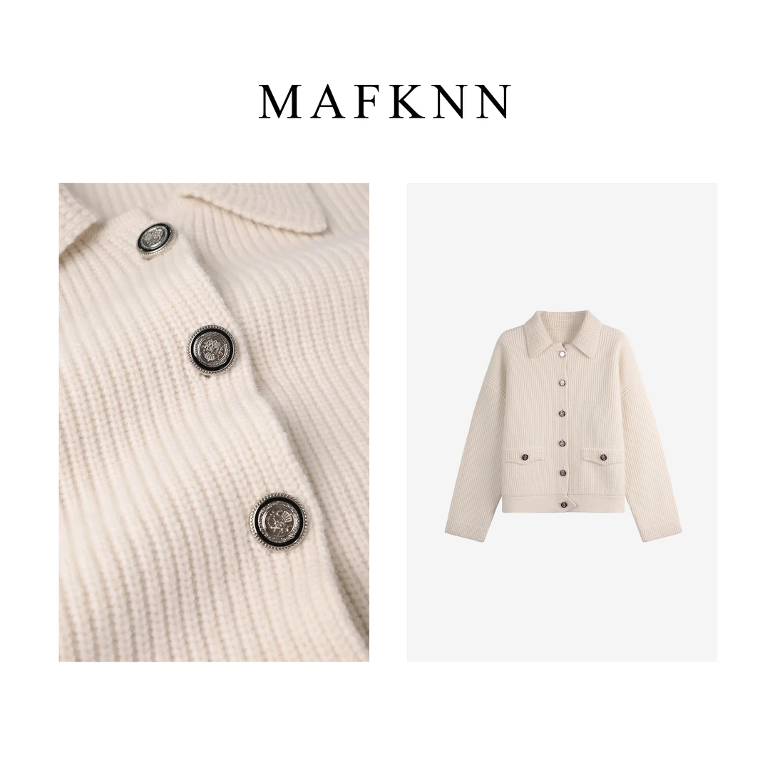 MAFKNN/玛肯时尚休闲简约纯色百搭气质纽扣翻领秋冬开衫MK11058