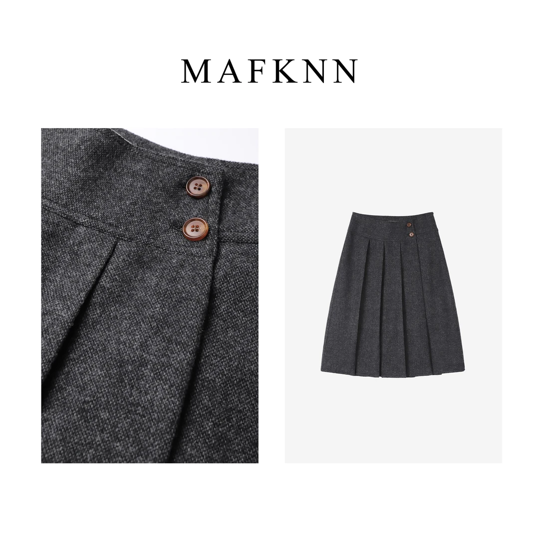 MAFKNN/玛肯时尚休闲简约纯色百搭秋冬褶皱半身裙MK11205