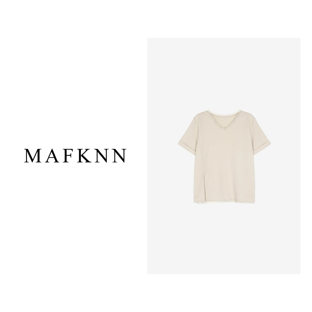 MAFKNN/玛肯时尚休闲简约百搭气质纯色蕾丝边夏季T恤MK10385