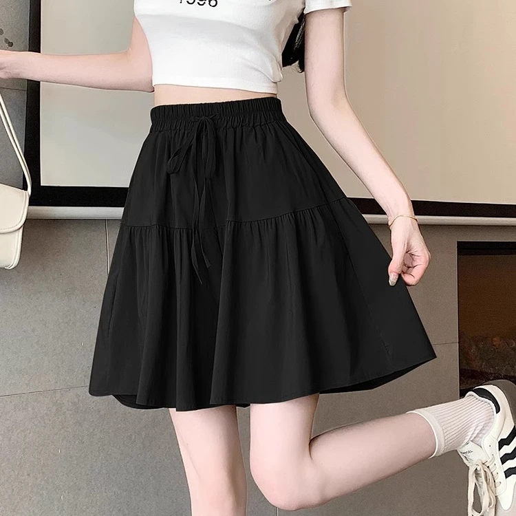 黑色大码裙裤女夏季薄款高腰显瘦冰丝阔腿中裤松紧腰休闲五分短裤