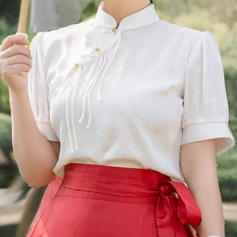 童锣湾【成人斜襟暗纹短袖】原创新款日常通勤百搭亲子汉服上衣中式