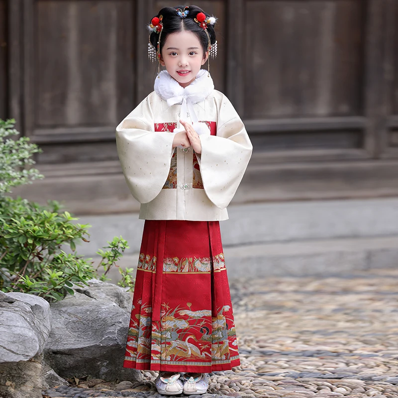 童锣湾【春光暖鸭】女童马面裙上衣国风套装冬装织明制补服小童装