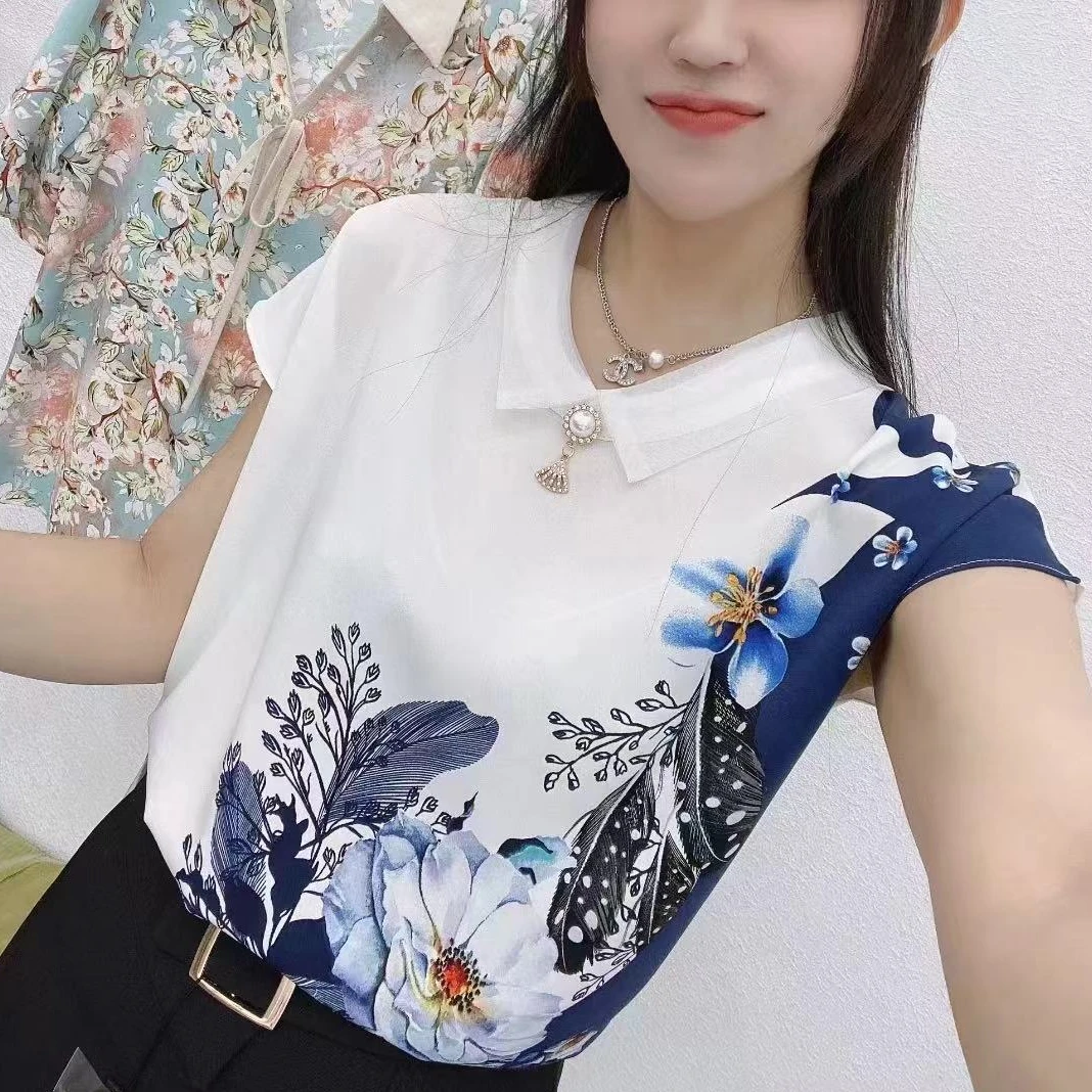 夏季时尚水墨印花半袖上衣气质减龄女士小衫娃娃领洋气显瘦套头衫
