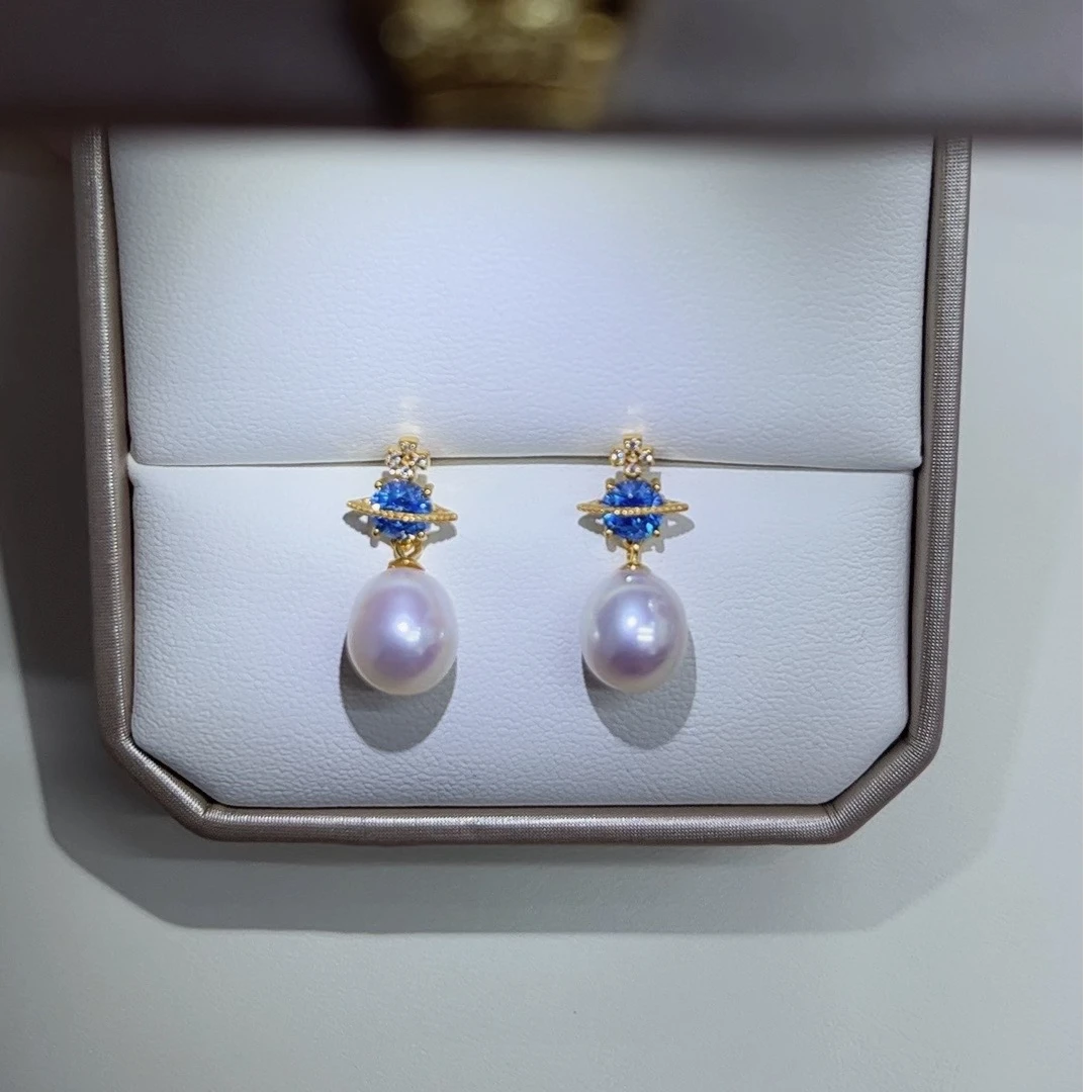 8.5-9.5mm天然淡水珍珠S925银蓝色冷白极强光耳坠2024新款气质