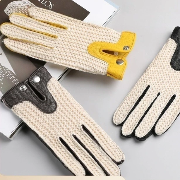 户外哈雷摩托骑行男女羊皮机车司机开车针织网面触屏透气真皮手套