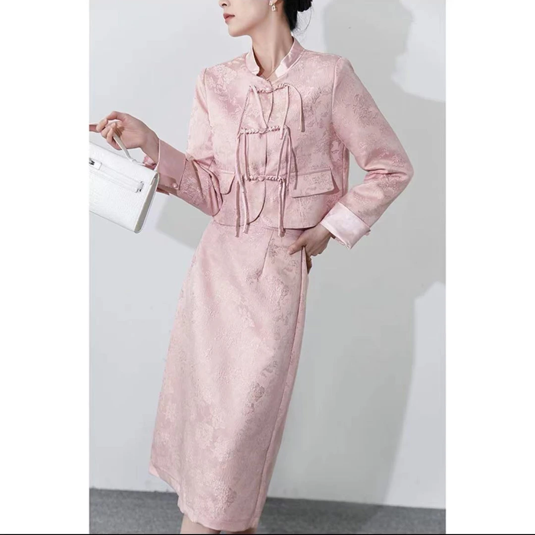 新中式！女士国风提花盘扣半身裙套装G845