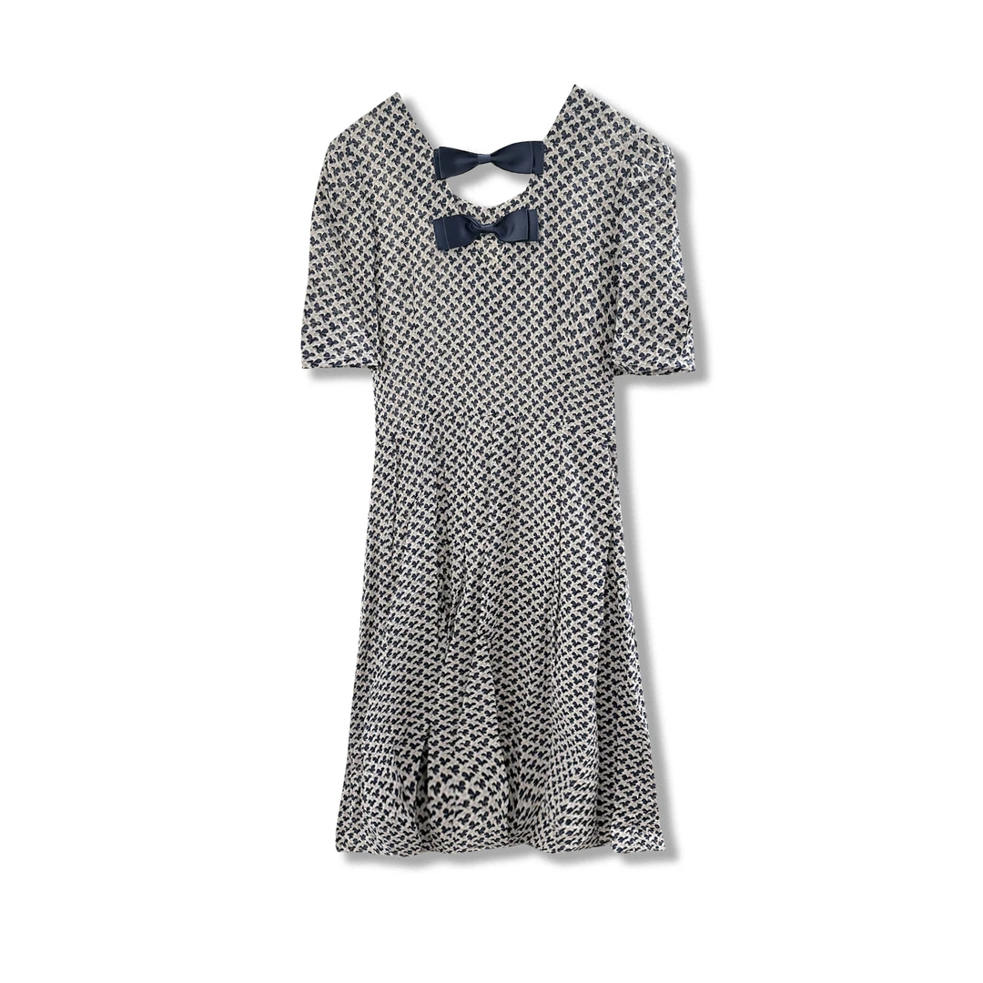 夏日风情！女士夏季V领蝴蝶结短袖减龄连衣裙G555