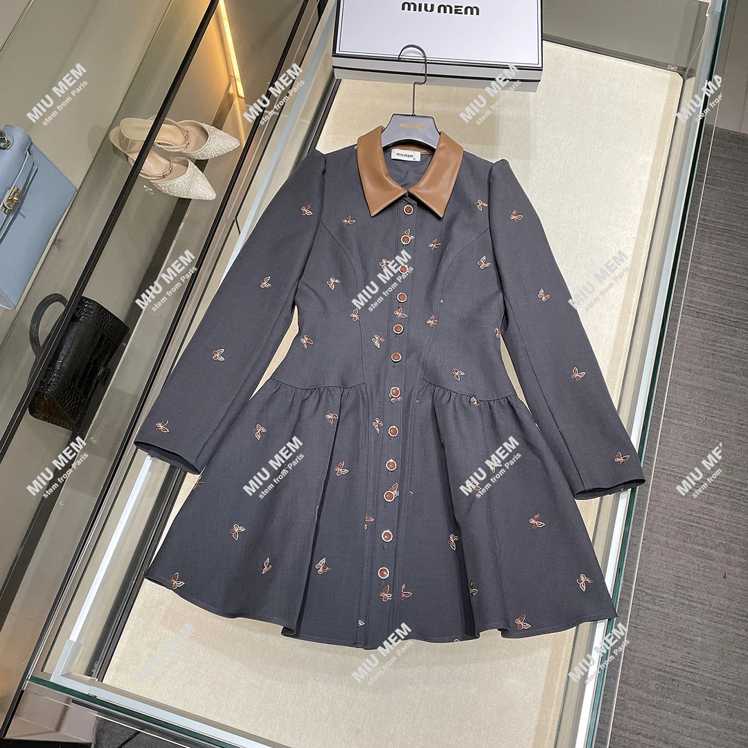 【安妮老板】MIUMEM刺绣连衣裙女翻领单排扣气质简约长袖裙子DY5096