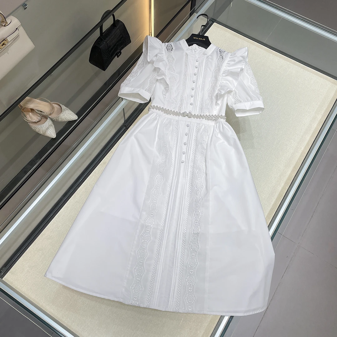 MIUMEM通勤淑女刺绣收腰连衣裙法式荷叶边裙子DY3571