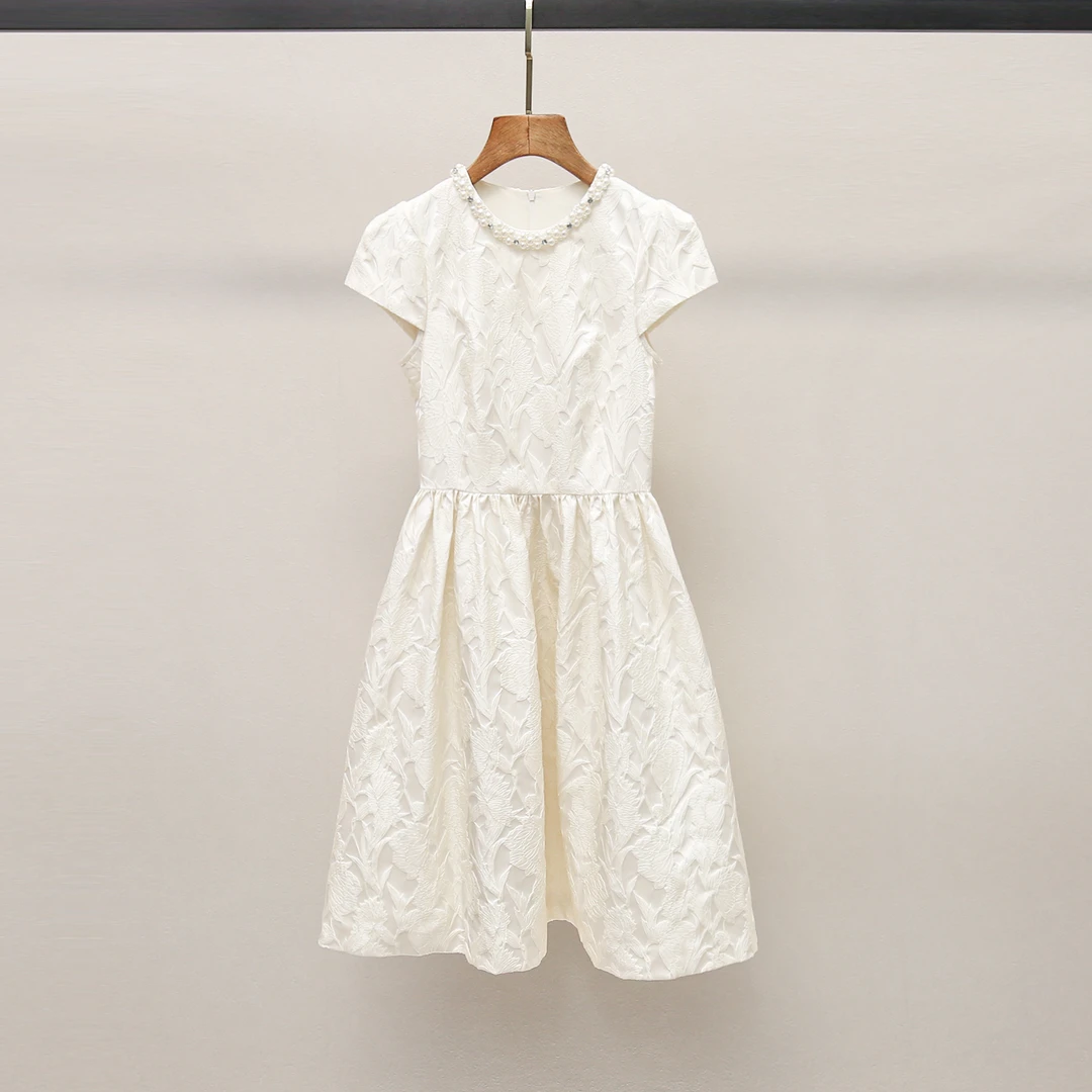 千金风公主法式提花收腰珍珠圆领连衣裙女LA8945