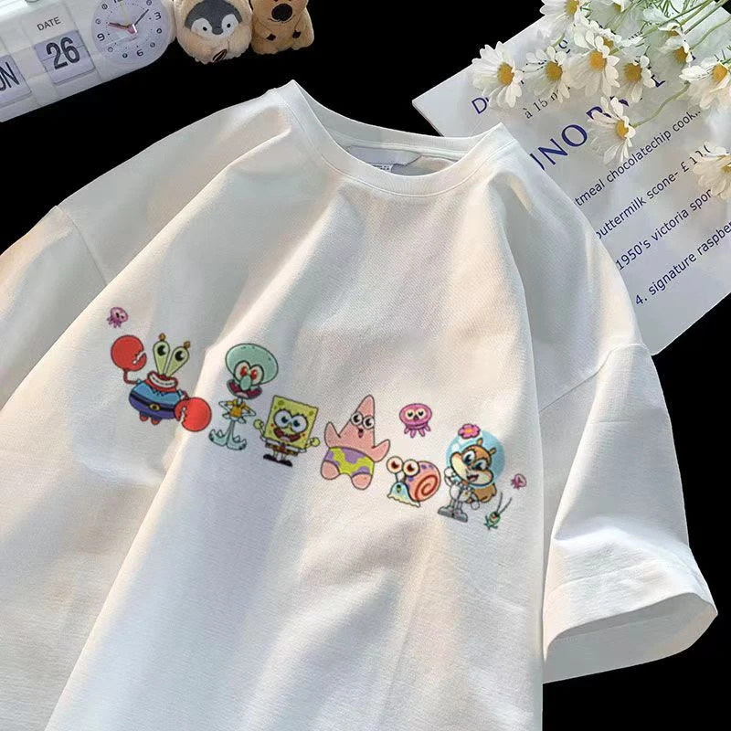 夏季新款亲子装休闲百搭海绵宝宝纯棉印花短袖潮流外穿男女潮t恤