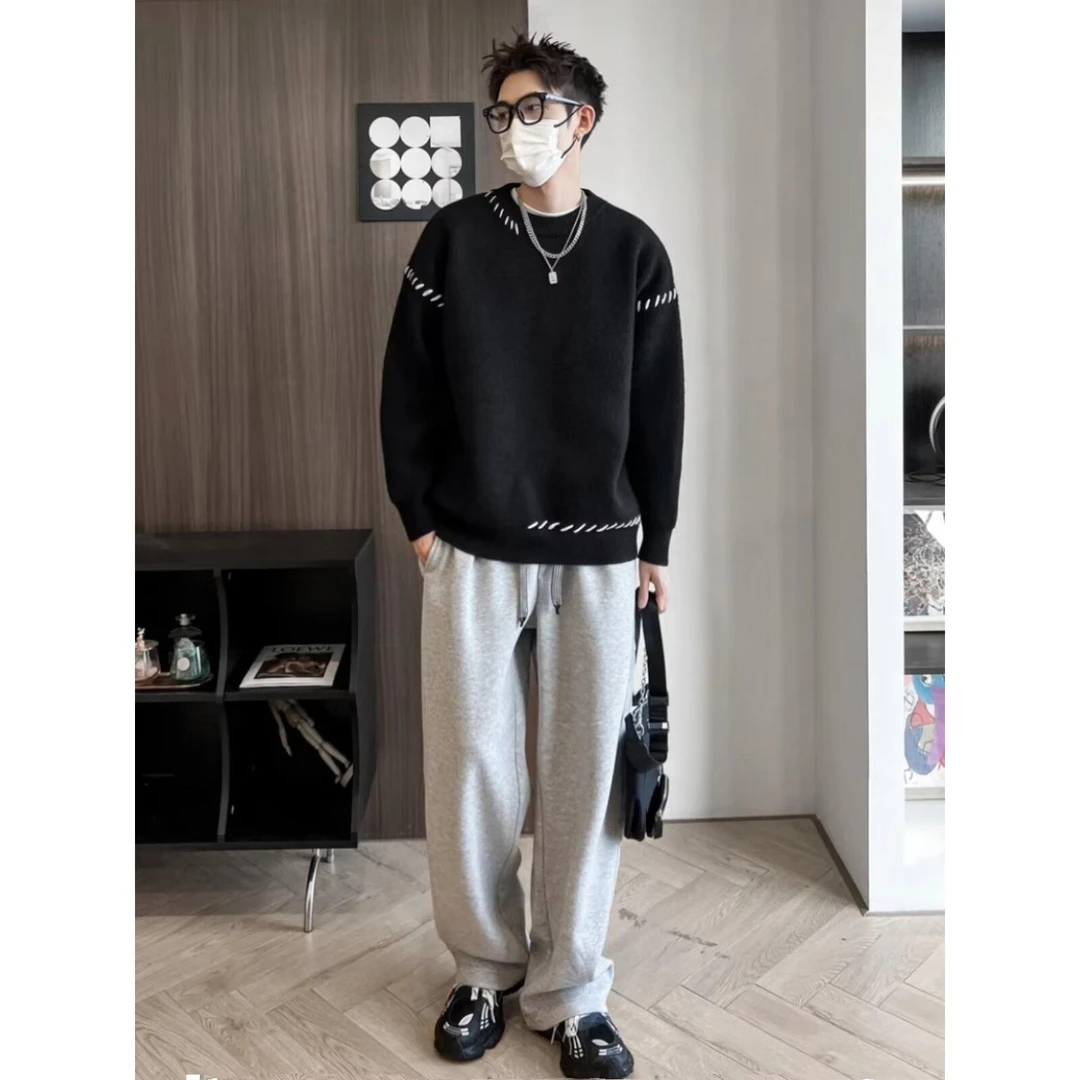 秋冬季新款毛衣男简约休闲百搭保暖美式时尚潮流韩版针织衫圆领潮