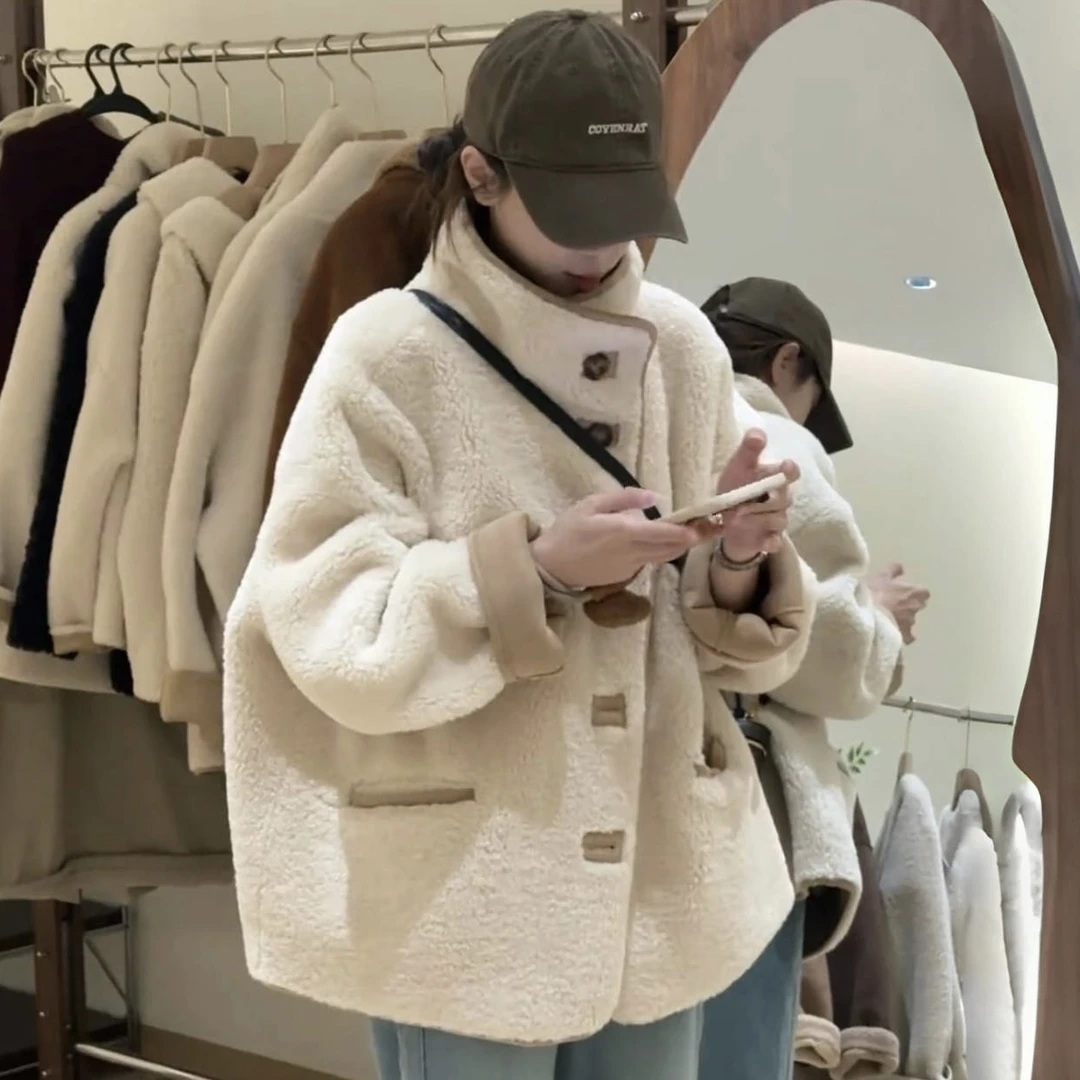 高级感中长款立领毛绒外套2025年秋冬新款韩系小众设计保暖上衣女