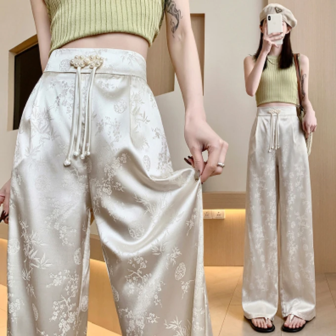 新中国风缎面提花阔腿裤女2024夏季新款高腰显瘦休闲宽松拖地裤