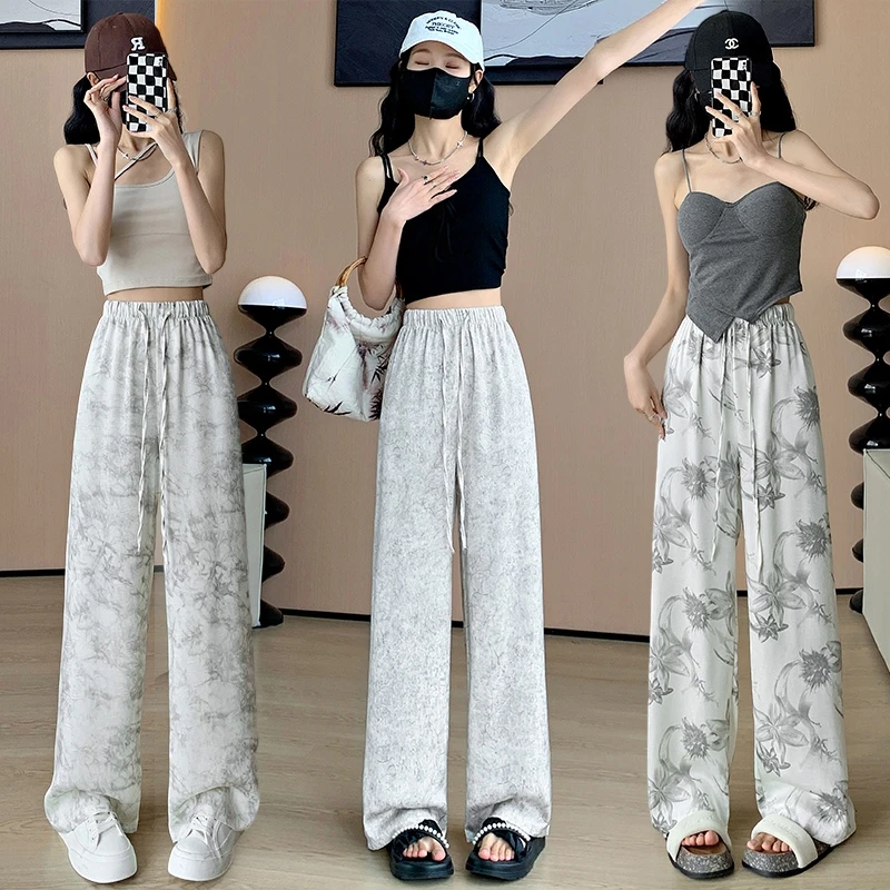 薄款国风水墨画冰丝阔腿裤女2024夏季宽松直筒拖地垂感休闲裤子